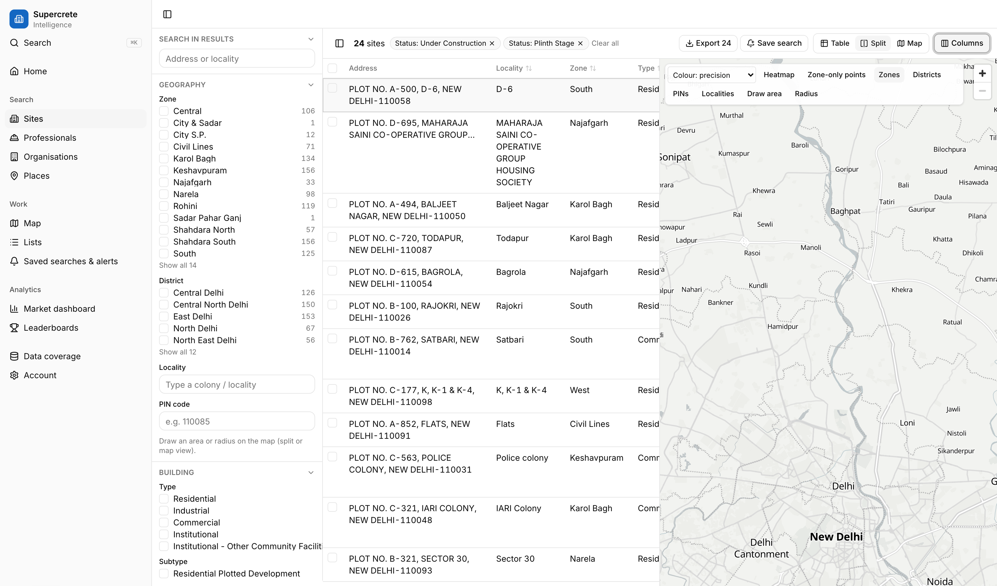 Supercrete Intelligence: a table of new building projects across Delhi beside a map of project density